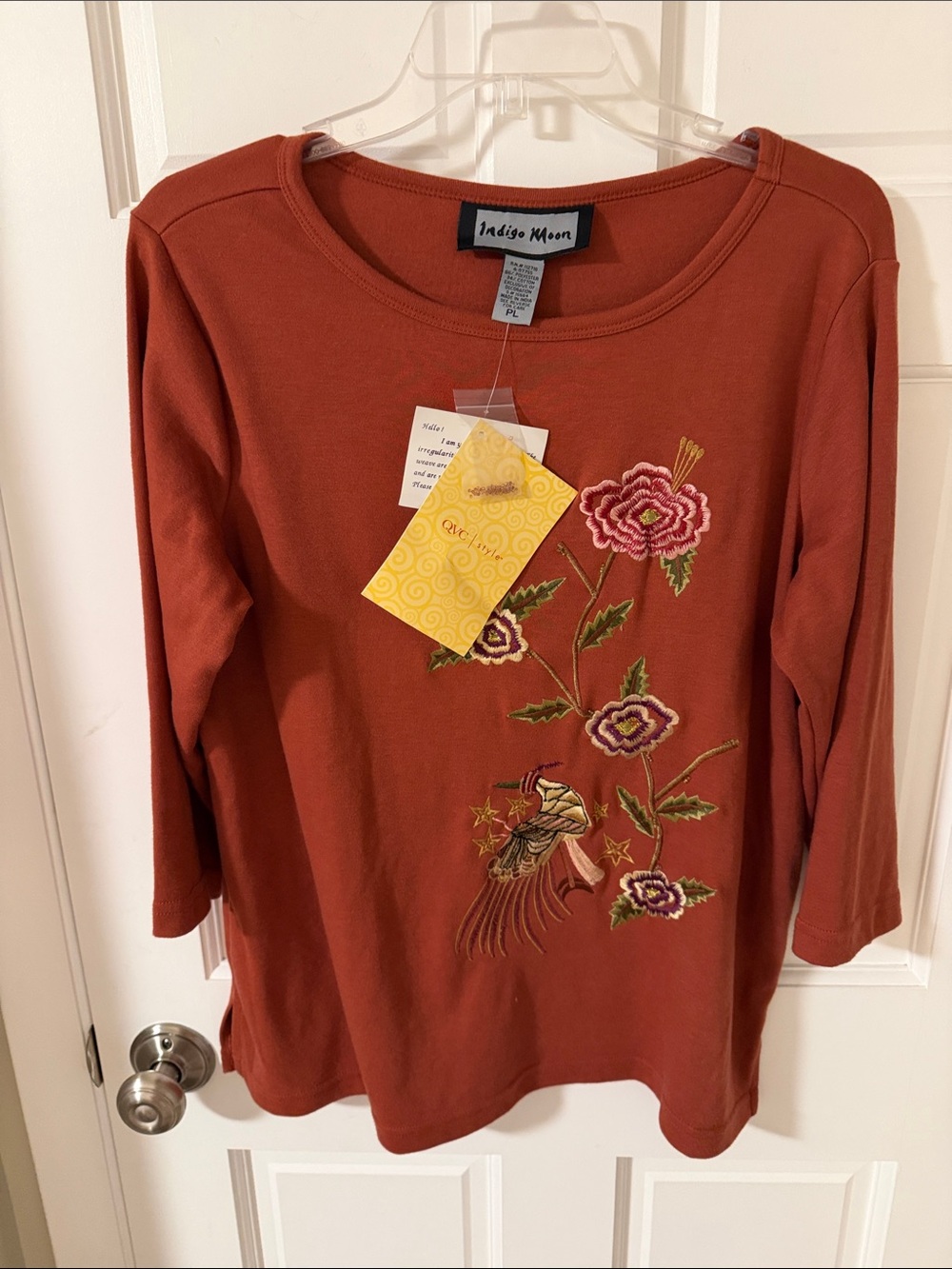 NWT Vtg.Indigo Moon Terracotta Rust Embroidered Floral Top QVC Fashion Size LP